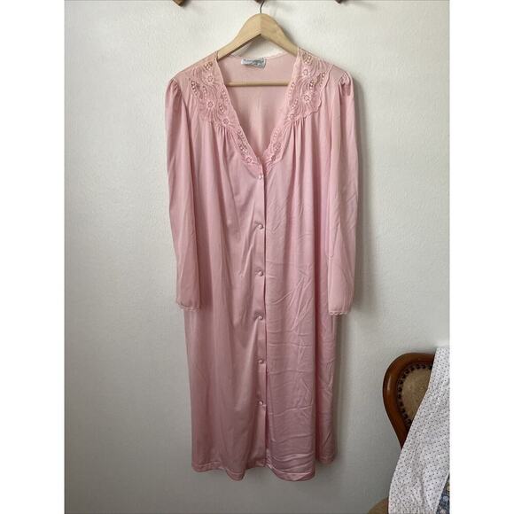 Vtg 80s Vassarette pink nylon ankle length robe womens lace front sz M button up - Picture 1 of 8